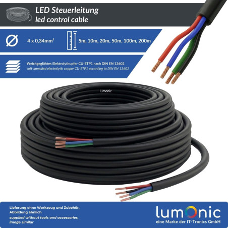 Lumonic 4x0,34mm² RGB LED Ligne de contrôle noir 20m | câble gainé 4 fils flexible | LiYY Extension, Câble d'alimentation, Câble