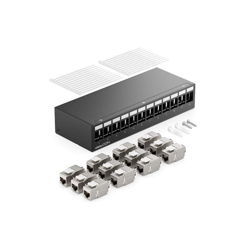 deleyCON Panneau de Brassage 12 Ports Kit Panneau de Distribution 1U + 12x RJ45 Modules Keystone Jack STP CAT6a Compatibles avec