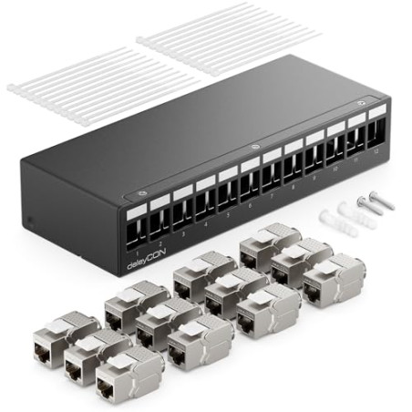 deleyCON Panneau de Brassage 12 Ports Kit Panneau de Distribution 1U + 12x RJ45 Modules Keystone Jack STP CAT6a Compatibles avec