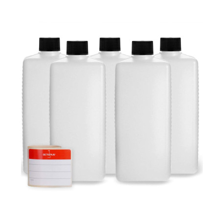 Octopus Bouteilles en plastique 5 x 500 ml, PE-HD avec bouchon à vis noir, bouteilles carrées, 5 étiquettes incluses