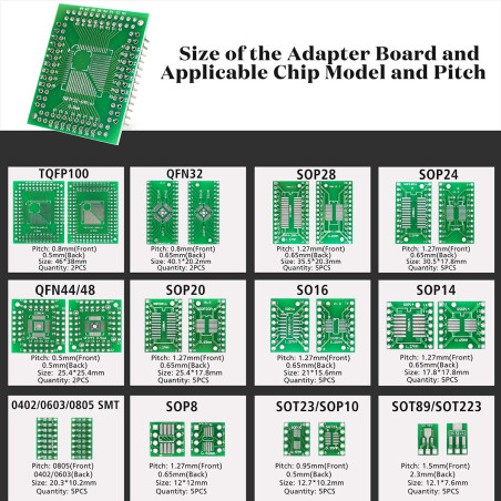 KeeYees 12 Types SMD à DIP Adaptateur PCB Proto Board Kit SOP8 SOP10 SOP14 SOP16 SOP20 SOP24 SOP28 0402/0603/0805 SMT SOT89/SOT2