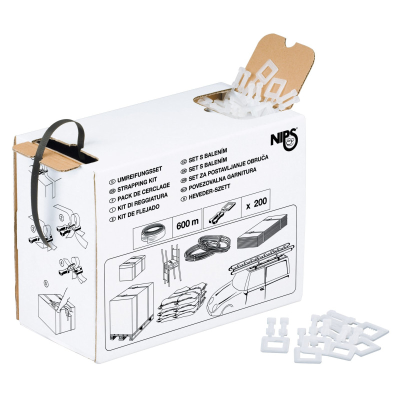 NIPS 140803001 Pack de cerclage 600 m de bandes en polypropylène et 200 attaches en plastique NIPS 140803001 Pack de cerclage 600 m de bandes en polypropylène et 200 attaches en plastique