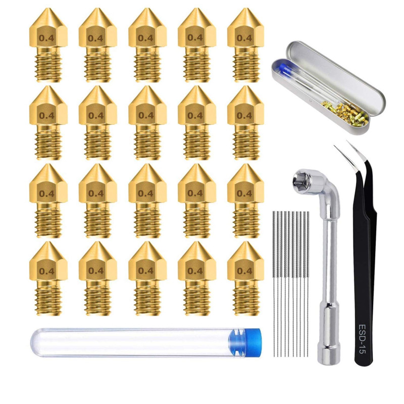 20PCS 0,4 mm 3D Imprimante Laiton Buse, Outil de Nettoyage Avec Buses, 1 Clé à Douille, 1 Pincette, Pour MK8 Extrudeuse Nozzle/C 20PCS 0,4 mm 3D Imprimante Laiton Buse, Outil de Nettoyage Avec Buses, 1 Clé à Douille, 1 Pincette, Pour MK8 Extrudeuse Nozzle/C