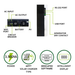 Tecnoware Power Systems - Onduleur Hybride Solaire 3500VA, Onde Sinusoïdale Pure, MPPT 120V-450V, Chargeur de Batterie Intellige