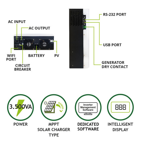 Tecnoware Power Systems - Onduleur Hybride Solaire 3500VA, Onde Sinusoïdale Pure, MPPT 120V-450V, Chargeur de Batterie Intellige