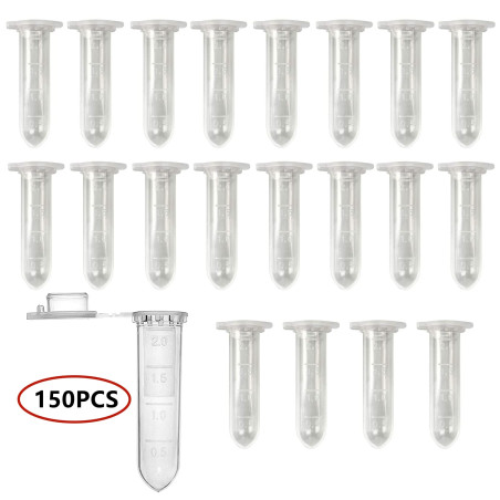 HUAZIZ 150 Pcs Micro Centrifugeuse Tubes, 2ml Clear Micro Plastic Tube,Coniques Tube à Essai Gradué Labo,Rond Micro Centrifugeus