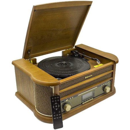 Roadstar HIF-1993BT Platine Vinyle Vintage 3 Vitesses 33/45/78, Radio FM, Lecteur CD/CDR/CDRW/CD-MP3, Cassette, Bluetooth, USB F