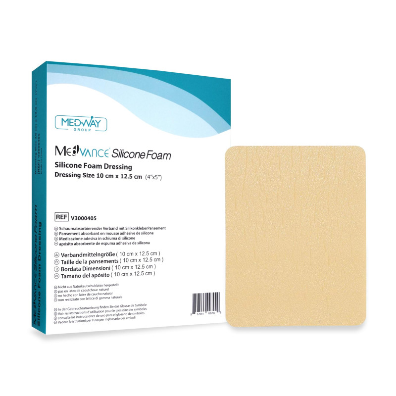 MedVanceTM Silicone - Pansement absorbant en mousse adhésive de silicone, 10 cm x 12.5 cm, boîte de 5 pansements