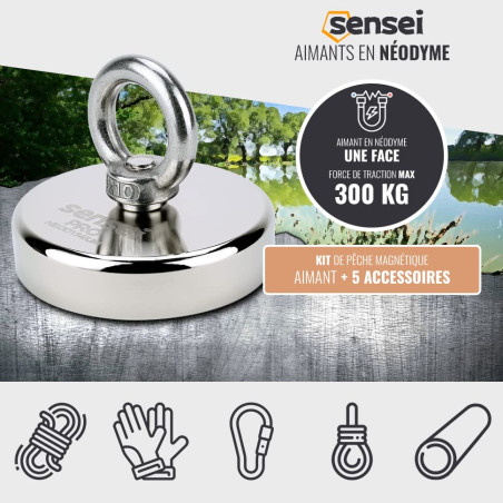 SENSEI Kit de Pêche à l'Aimant, Aimant Néodyme à Œil 300 kg N52 avec Accessories