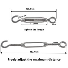 Rshuhx M4 Tendeur Cable Tendeur Crochet et œil Acier Inoxydable 304 Tendeur Réglable Tendeur de Fil Utilisé pour Tendre le Fil d