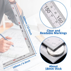 Siumir Inoxydable Règle Carrée en Forme de L de 90 Degrés Règle Double Face Métal Règle 150 x 300 mm