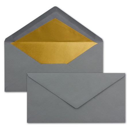 50x enveloppes - 11 x 22 cm - couleur: gris foncé - aves doublure en or métallique - fermeture: gommée - format DL américain, po