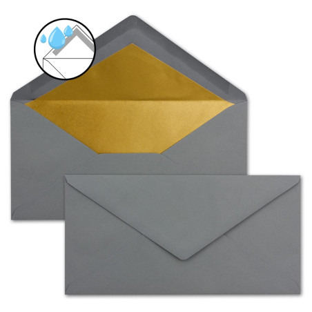 50x enveloppes - 11 x 22 cm - couleur: gris foncé - aves doublure en or métallique - fermeture: gommée - format DL américain, po