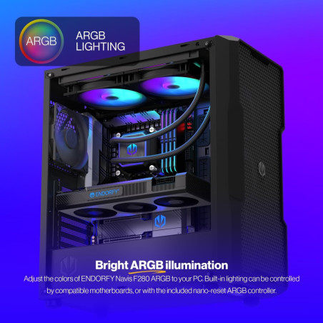 ENDORFY Navis F280 ARGB – Refroidisseur de CPU Liquide AIO, radiateur 280mm, pompe PWM, 2x ventilateurs Fluctus 140 PWM ARGB, In