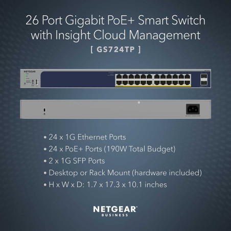 NETGEAR (GS724TP V3) Smart Switch Ethernet PoE Web Manageable 26 Ports Gigabit Via Cloud Insight, Switch RJ45 24 Ports PoE+ 190