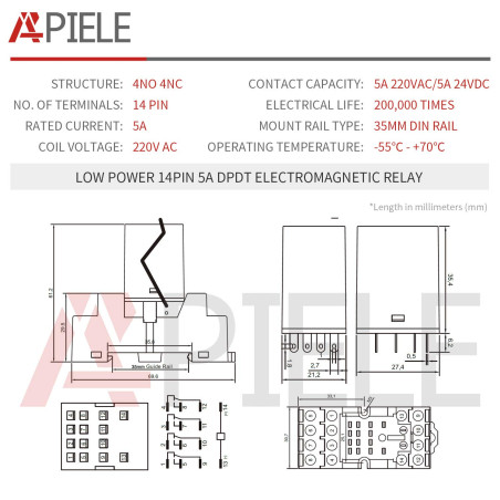 APIELE [Garantie 3 ans] Relais de puissance électromagnétique MY4NJ HH53P Bobine 4PDT 4NO + 4NC 14 broches 5A avec témoin lumine