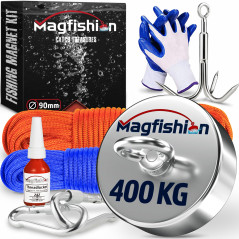 MAGFISHION Aimant Neodyme Puissant - 400 KG - Aimant de Pêche - Ø90mm - Peche a l'aimant avec 2 Cordes, Triple Crochet et Gants