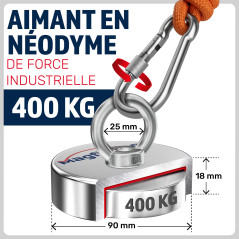 MAGFISHION Aimant Neodyme Puissant - 400 KG - Aimant de Pêche - Ø90mm - Peche a l'aimant avec 2 Cordes, Triple Crochet et Gants 