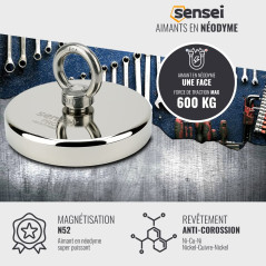 SENSEI® Aimant en Néodyme Puissant avec Anneau Écrou – Ø 120 mm, Force d'Attraction 600 kg – Grand et Très Puissant Aimant pour