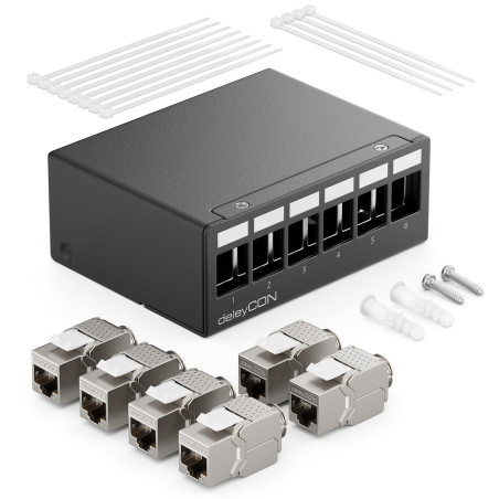 deleyCON Panneau de Brassage 6 Ports Kit Panneau de Distribution 1U + 6x RJ45 Modules Keystone Jack STP CAT6a Compatibles avec C