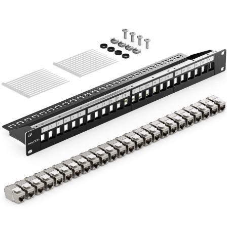 deleyCON Kit de 24 Ports Panneau de Brassage Modulaire 1 U 19" Installation en Rack + 24x Modules Keystone RJ45 CAT6a Compatible