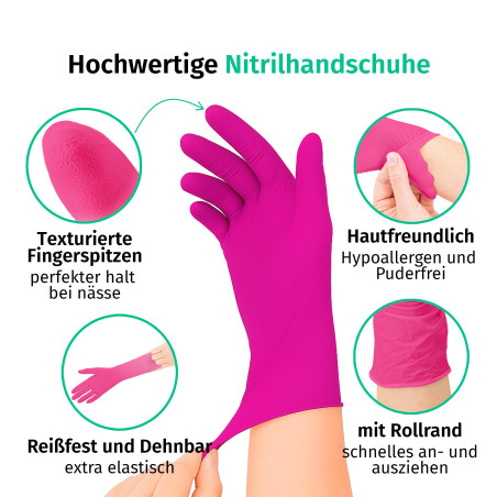 SF Gants nitrile magenta L – 100 gants jetables, non poudrés, sans latex, résistants, pour la cuisine, l’usage médical, le ménag
