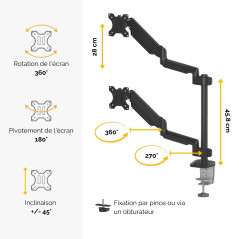 Fellowes Bras Écrans 2 PC Platinum Double Vertical pour 2 Moniteurs Jusqu'à 32", Hauteur Ajustable, Norme VESA, 2 Ports USB, Noi