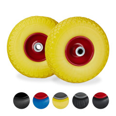 Relaxdays Roue de diable, 2x roue de brouette caoutchouc, pour axe de 20 mm, 3.00-4", 260 x 85 mm, jaune-rouge