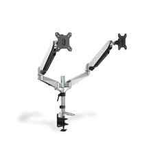 DIGITUS Support d'écran - Pince & Vérin à gaz - 2 écrans - Jusqu'à 27 pouces - Jusqu'à 2x 8 kg - VESA 75 & 100 - Argenté