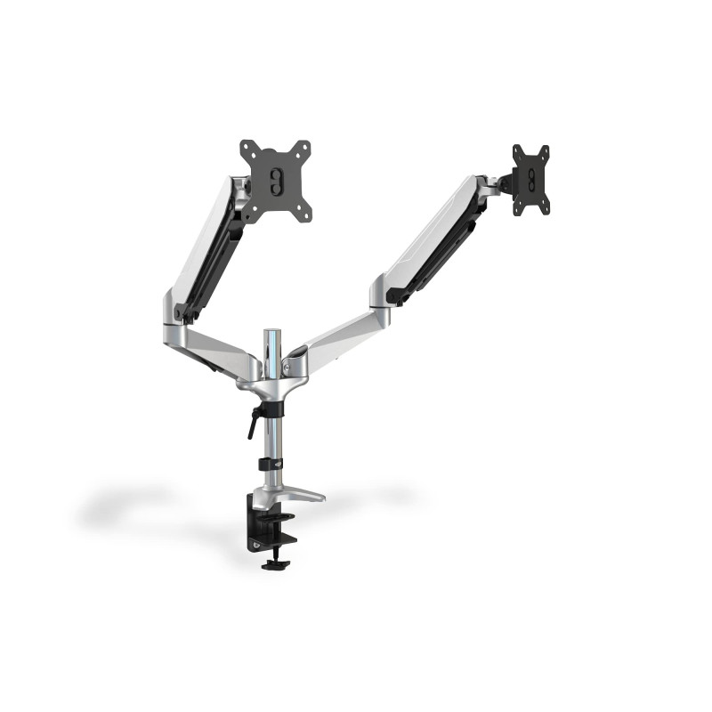 DIGITUS Support d'écran - Pince & Vérin à gaz - 2 écrans - Jusqu'à 27 pouces - Jusqu'à 2x 8 kg - VESA 75 & 100 - Argenté