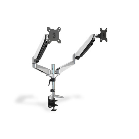 DIGITUS Support d'écran - Pince & Vérin à gaz - 2 écrans - Jusqu'à 27 pouces - Jusqu'à 2x 8 kg - VESA 75 & 100 - Argenté