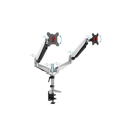 DIGITUS Support d'écran - Pince & Vérin à gaz - 2 écrans - Jusqu'à 27 pouces - Jusqu'à 2x 8 kg - VESA 75 & 100 - Argenté