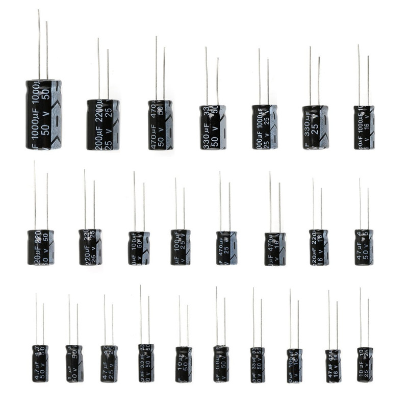 WINGONEER 25 Valeurs 16V 25V 50V 1uF à 2200uF Condensateurs électrolytiques Assortiment assorti Kit Set Noir - 125PCS