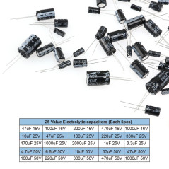 WINGONEER 25 Valeurs 16V 25V 50V 1uF à 2200uF Condensateurs électrolytiques Assortiment assorti Kit Set Noir - 125PCS