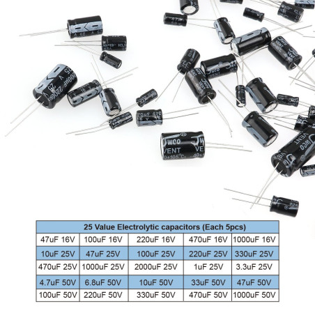 WINGONEER 25 Valeurs 16V 25V 50V 1uF à 2200uF Condensateurs électrolytiques Assortiment assorti Kit Set Noir - 125PCS