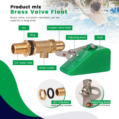 MUYIRTED Valve en laiton de 1/2" avec flotteur en plastique, robinet à bille flottante pour réservoir d'eau, humidificateur à re