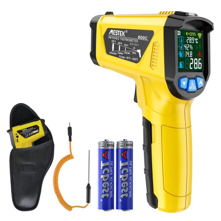 Thermomètre Infrarouge Laser MESTEK et Sonde Pistolet IR Temperature Sans Contact LCD -50°C~800°C Réglable Alarme d'émissivité P