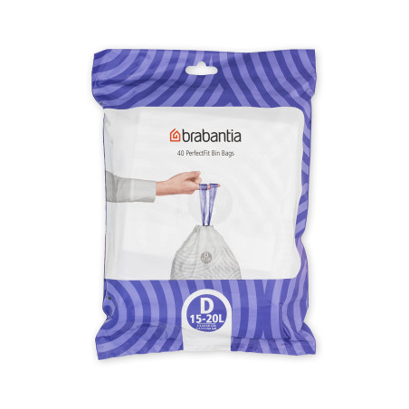 Brabantia Sacs Poubelle PerfectFit (Code D - 15L / 20L), Ultra Résistant, Poignées Coulissantes (40 Sacs)