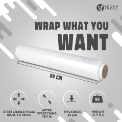 V1 TRADE Film Etirable Demenagement - Film Palette Transparent 50cm x 150m - Plastique Protection pour Colis et Meubles