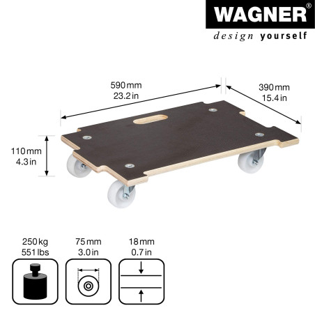 Wagner Chariot à roulettes MM 1382 I 59 x 39 x 11 cm - Charge 250 kg - Extensible de manière Flexible - pour Charges de (Presque