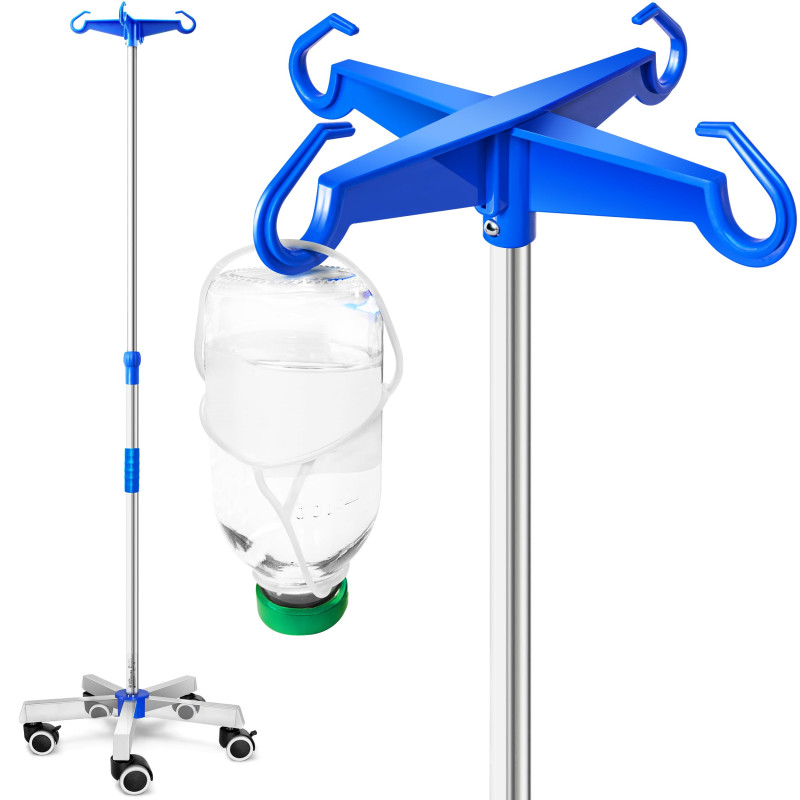 AIESI® Support de perfusion en ACIER INOXYDABLE avec 4 crochets en plastique et roues pivotantes avec frein, 2 Porte-bouteilles AIESI® Support de perfusion en ACIER INOXYDABLE avec 4 crochets en plastique et roues pivotantes avec frein, 2 Porte-bouteilles