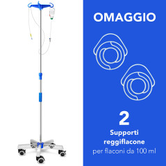 AIESI® Support de perfusion en ACIER INOXYDABLE avec 4 crochets en plastique et roues pivotantes avec frein, 2 Porte-bouteilles