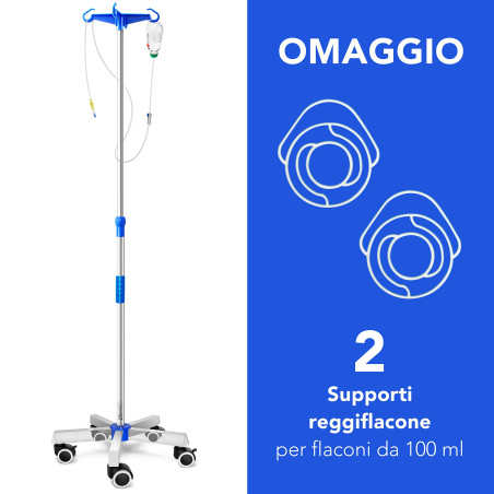 AIESI® Support de perfusion en ACIER INOXYDABLE avec 4 crochets en plastique et roues pivotantes avec frein, 2 Porte-bouteilles