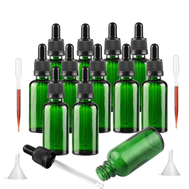 Bakiauli 12 Pièces Flacon Compte Gouttes 30ml, Vert Flacon Huile Essentielle Vide avec Pipette Verre avec Pipettes, pour les Mél