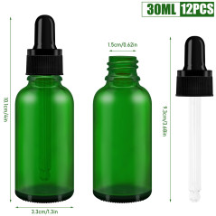 Bakiauli 12 Pièces Flacon Compte Gouttes 30ml, Vert Flacon Huile Essentielle Vide avec Pipette Verre avec Pipettes, pour les Mél