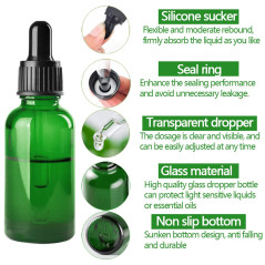 Bakiauli 12 Pièces Flacon Compte Gouttes 30ml, Vert Flacon Huile Essentielle Vide avec Pipette Verre avec Pipettes, pour les Mél