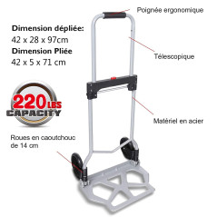 Voluker Diable Pliable Charge 100kg, Chariots de manutention 2 Roues avec Poignée Télescopique en Aluminium, Argent
