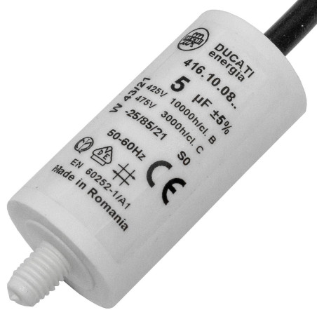 Lumonic Condensateur de démarrage 416.10.08 A [incl. câble 35cm] | Condensateur moteur 5µF 425V 28x55mm I Condensateur dans un b