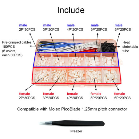 Connecteurs mâles et femelles de 1,25 mm avec câbles pré-sertis compatibles avec Molex PicoBlade pour Pixhawk Silicone Fil de 13