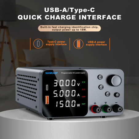 Alimentation de Laboratoire, Alimentation DC Ajustable avec Interface USB-A/Type-c, Bouton de réglage du codeur pour la Maintena